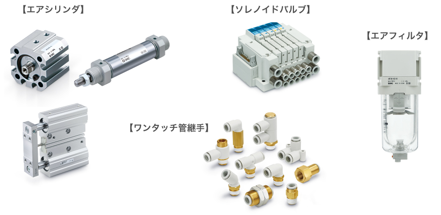 エアシリンダ、ソレノイドバルブ、ワンタッチ管継手、エアフィルタ