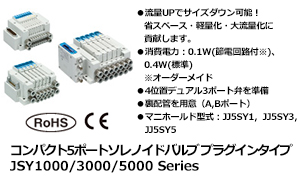 コンパクト5ポートソレノイドバルブ プラグインタイプ JSY1000/3000/5000 Series